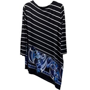 Chicos Women's Travelers Tunic Top Size Large Black Blue White Asymmetrical Hem
